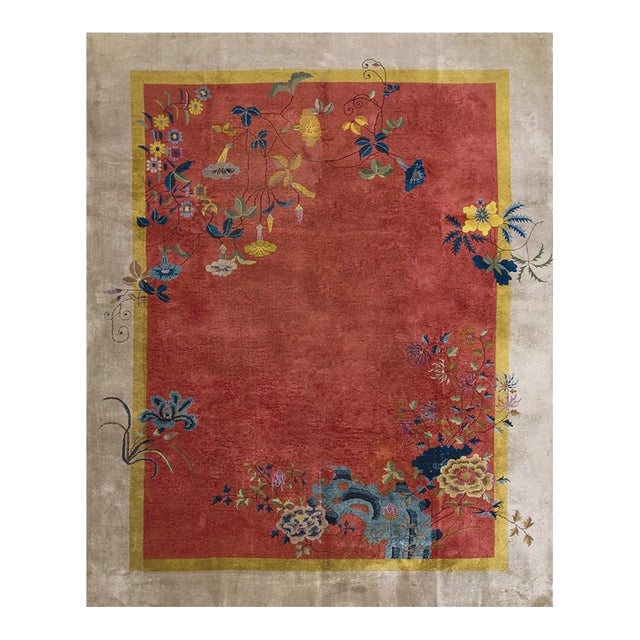 1920s Orange Floral Modern Antique Chinese Art Deco Handknotted Wool Rug For Sale