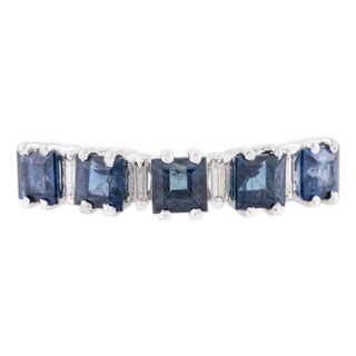 Natural Blue Sapphire Five Stone Ring With Baguette Diamonds in 14k Gold Size 7 For Sale