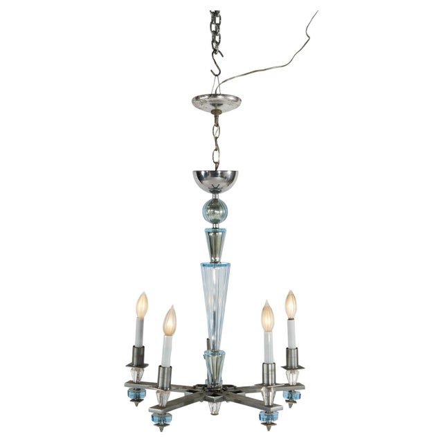 Art Deco Mid Century Modern Chrome & Aqua Blue Glass Five-Light Chandelier C1950 Measures- 33.5''H x 19''W x 19''D; 5'' drop