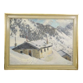 Impressionistic Painting of an Alpine Mountain Hut in the Winter For Sale