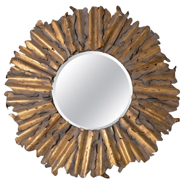 Brutalist Brutalist Sunburst Mirror, Handcrafted Torch Cut Brass, Spain, 1970s For Sale - Image 3 of 13