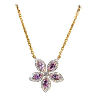 Late 20th Century Certified Natural 1.23cts Pink Sapphire & Diamond Floral Solid 18k Yellow Gold Necklace For Sale