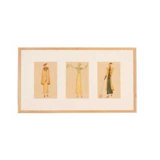 Art Deco Fashion Drawings II, Gouache on Paper, Framed For Sale