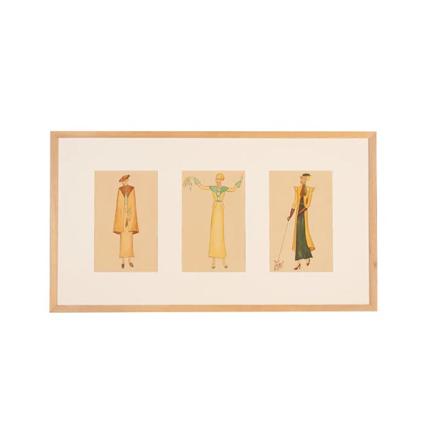 Art Deco Fashion Drawings II, Gouache on Paper, Framed For Sale