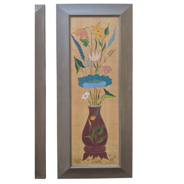 Shabby Chic Vintage Handcrafted Folk Art Botanical Floral Framed Wall Panels- A Pair For Sale - Image 3 of 12