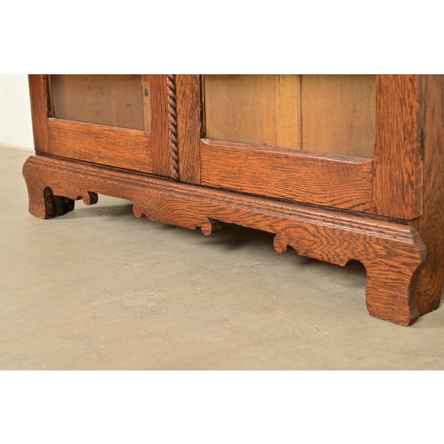 Brown Antique Victorian Two-Door Carved Oak Bookcase Cabinet, Circa 1900 For Sale - Image 8 of 13