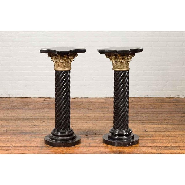 Pair of Black Carrara Marble Twisted Pedestals with Bronze Corinthian Capitals For Sale - Image 13 of 15