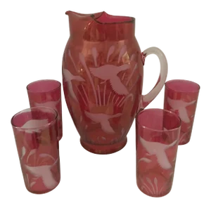 Vintage Cranberry Glass Pitcher and Tumblers