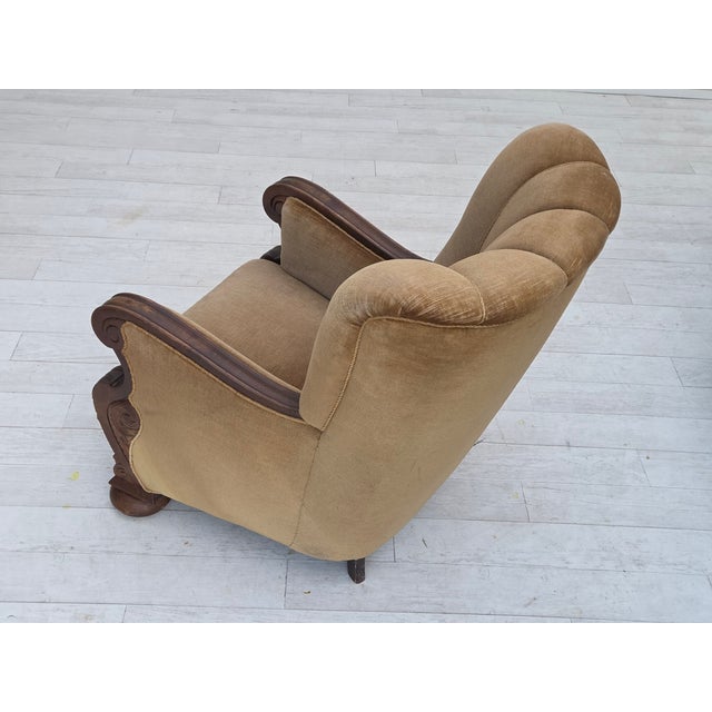 1950s Danish Chair in Green Velour and Carved Oak, 1950s For Sale - Image 5 of 18