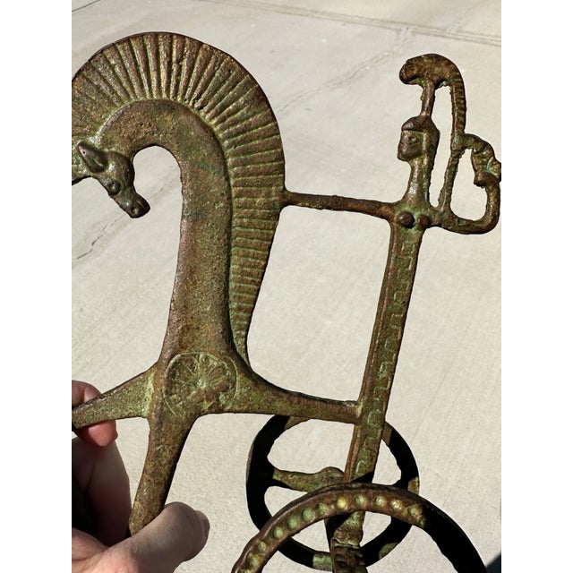1960s Vintage Verdigris Patina Brass Etruscan Roman Chariot Statue For Sale - Image 5 of 9