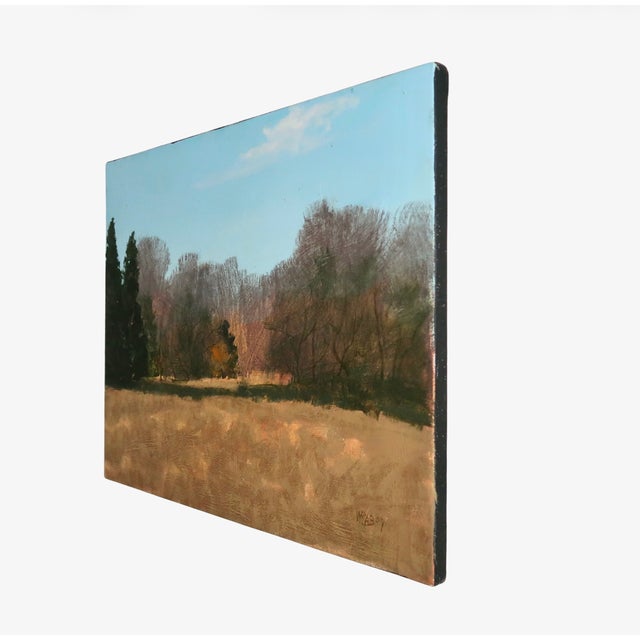 Farmhouse Mid 20th Century Landscape Oil Painting by William Rabon of Autumn Field With Trees and Blue Sky For Sale - Image 3 of 15