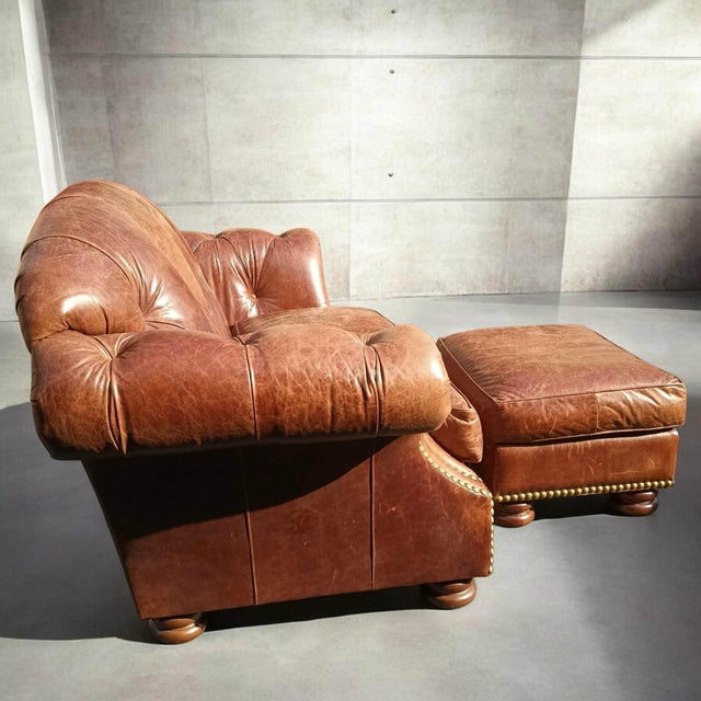 Copper Elevate Your Living Space With the Timeless Elegance of This Thomasville Chesterfield Leather Sofa and Matching Ottoman. For Sale - Image 8 of 9