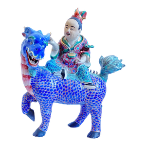 Antique 19th Century Chinese Porcelain Qilin Figurine — Famille Rose Enamel Immortal Rider, Qing Dynasty Mythical Creature Statue