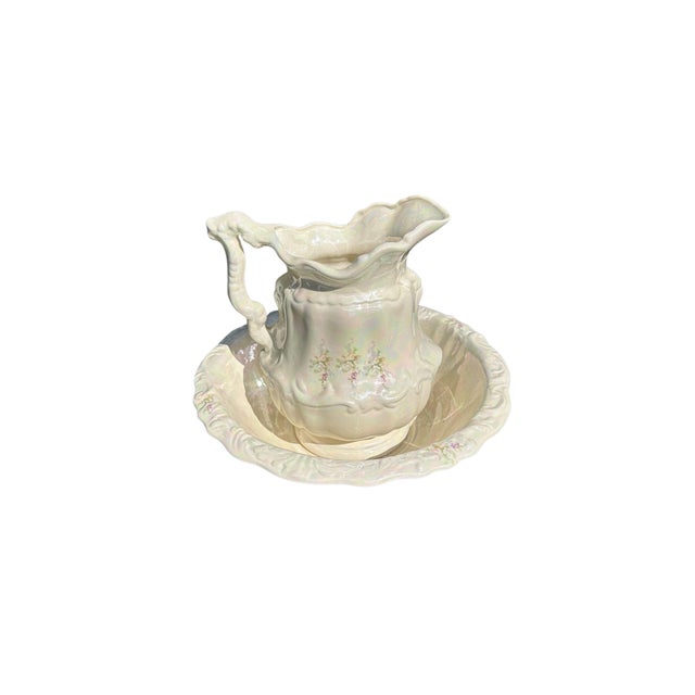 Ceramic Vintage Victorian Style Iridescent Luster Glazed White Ceramic Pitcher and Basin - A Set For Sale - Image 7 of 12