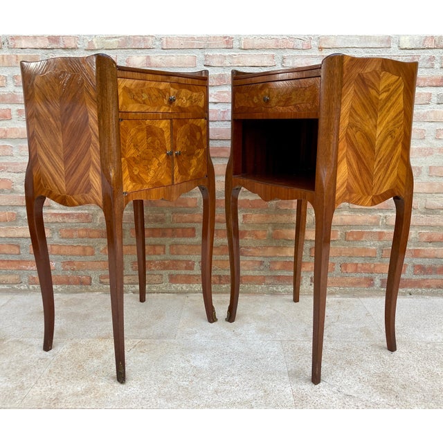 Pair of French Marquetry Bedside Tables with Drawer and Cabinet, 1940s For Sale - Image 11 of 13