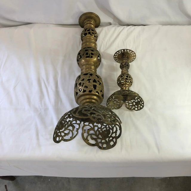 Mid-Century Modern Vintage Pierced Brass Candlestick Holders -Dragon Design- a Pair For Sale - Image 3 of 6