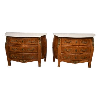 1950s Pair 3 Drawer French Style Marquetry Chests, Conforming White Marble Tops For Sale