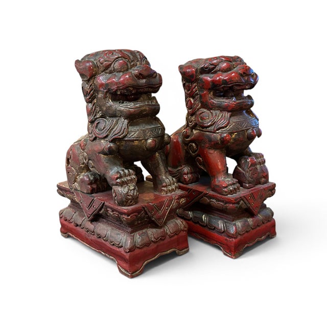 Chinese Pair of Carved Wood Chinese Foo Lions, 10" Tall, 20th Century For Sale - Image 3 of 12