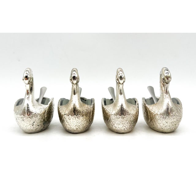 Set of Four Silver -Plated Swan Salt Cellars With Glass Inserts and Spoons — Vintage Tableware, Hollywood Regency Style For Sale - Image 10 of 12