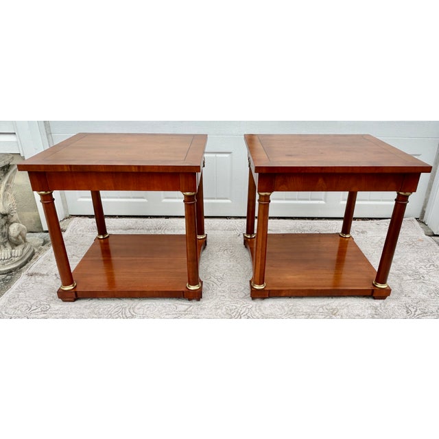 Baker Furniture Cherry Tables Vintage Regency Style Inlaid Wood Brass Trim Pair For Sale - Image 9 of 16