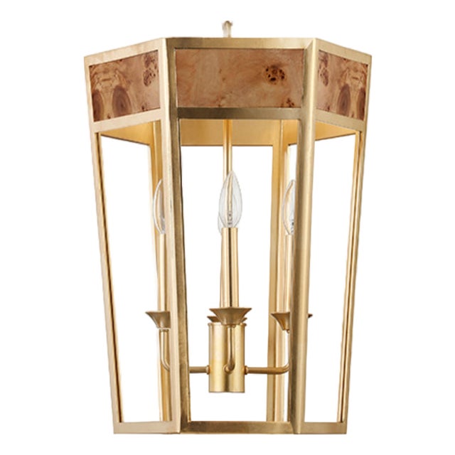 Matthew Izzo Home Ren Gold Metal Hexagon Lantern Style Pendant Light With Inset Burlwood For Sale