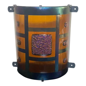 Late 20th Century Signed Iridescent Art Glass Wall Sconce Cover Shade Iron Frame