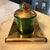 The Vintage Paden City Emerald Glow Sugar, Creamer & Metal Tray set from the 1940s features a star cut pattern and a...