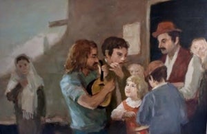 Seymour Remenick, Seymour Remenick Large Modernist Figurative Oil Painting "Folk Singers" Hippies