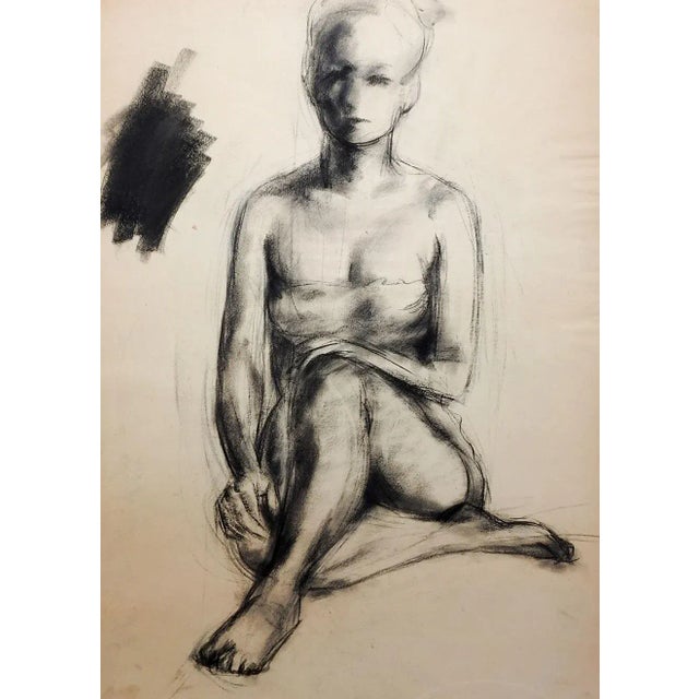 Mid-Century Modern Vintage 1950s Charcoal Seated Female Figure Drawing For Sale - Image 3 of 3
