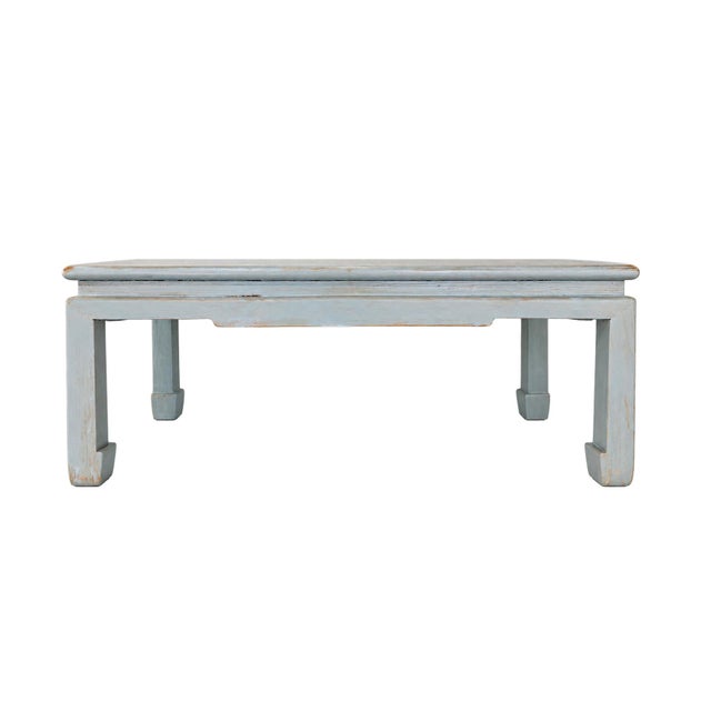 Asian Vintage Swedish Blue-Grey Wash Wood Coffee Table With Ming Style Leg and Shagreen Top For Sale - Image 3 of 13