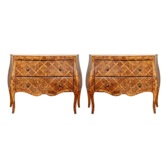 Early 20th Century Pair of Italian Rococo Style Parquetry Commodes For Sale