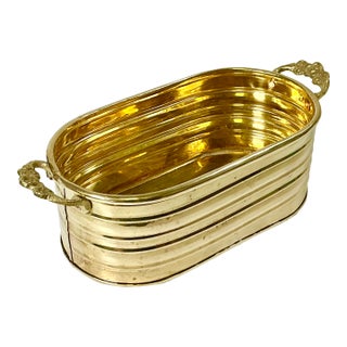 Mid-Century Boho Chic Hollywood Regency Arts & Crafts Oval Bras Planter With Flora Cast Handles For Sale