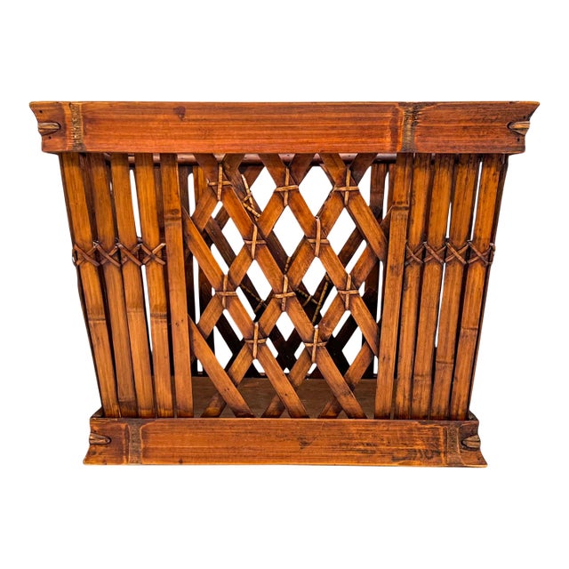 Vintage Handcrafted Bamboo & Rattan Lattice Storage Basket – Chinoiserie / Coastal For Sale