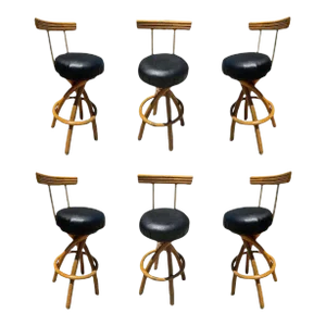 Restored 1950s Spiral Legs Rattan & Brass Barstool With Swivel Seats, Set of Six