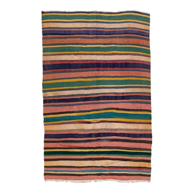 1960s Vintage Turkish Kilim Multicolor Handmade Stripes Wool Rug For Sale