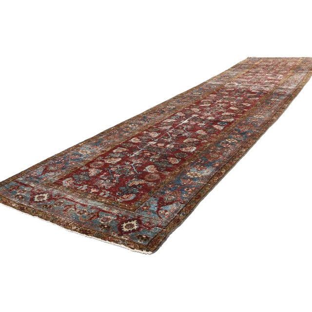 60975 Distressed Antique-Worn Persian Malayer Rug Runner, 03'05 x 14'10. Distressed antique-washed Persian Malayer carpet...