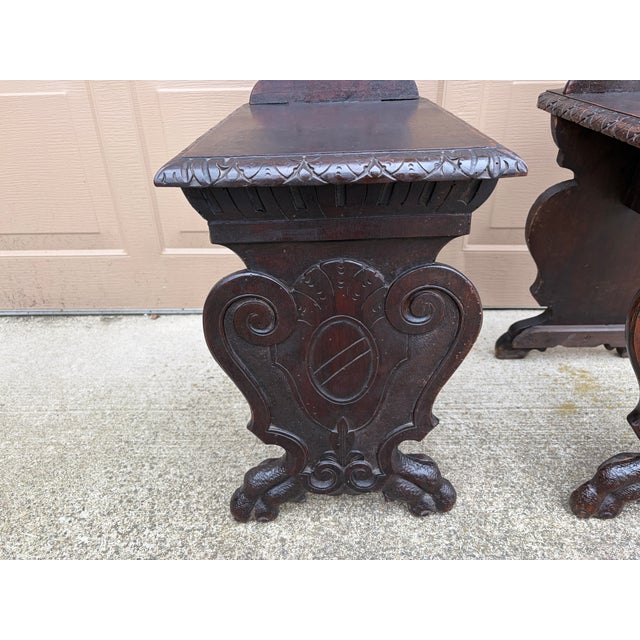 Antique 19th Century Italian Renaissance Hand Carved Walnut Hall Chairs, Pair For Sale In South Bend - Image 6 of 10