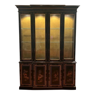Mid 20th Century Ethan Allen Handpainted, Black and Gold Chinoiserie Asian China Display Cabinet and Buffet For Sale