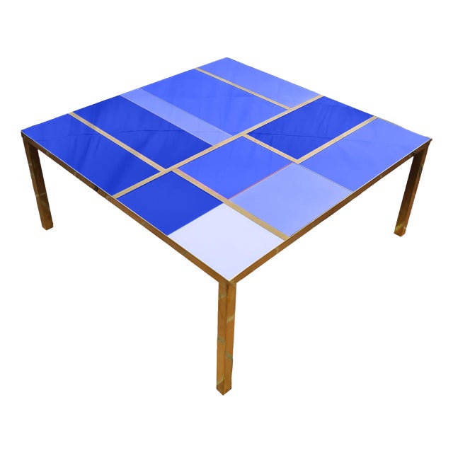 Square Coffee Table with Blue Mirrored Murano Glass and Brass Trim from Justfurnituress SRL For Sale