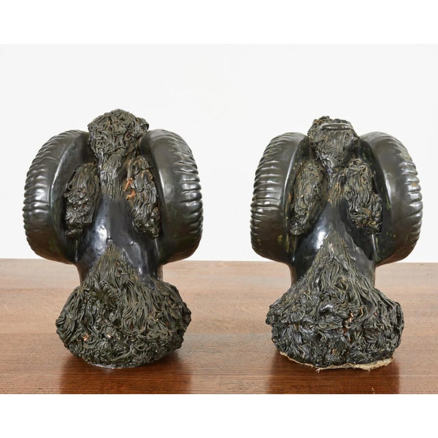 Pair of Neoclassical Style Jade Rams Head Pottery Sculptures For Sale - Image 11 of 13