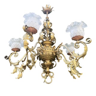Antique Brass, Copper, and Glass 5-Arm Chandelier, 1900s For Sale