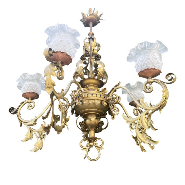 Antique Brass, Copper, and Glass 5-Arm Chandelier, 1900s For Sale