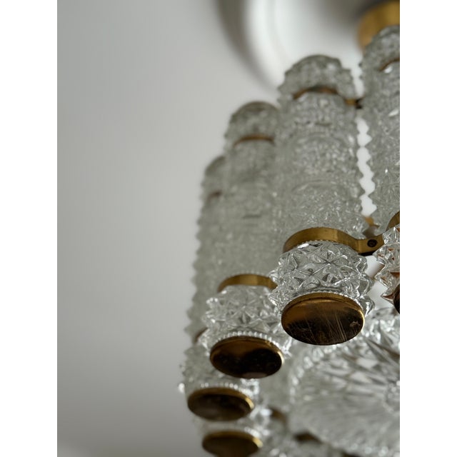 Crystal and Brass Cylinder Chandelier by Orrefors for Tyringe, Sweden, 1960s For Sale - Image 4 of 9