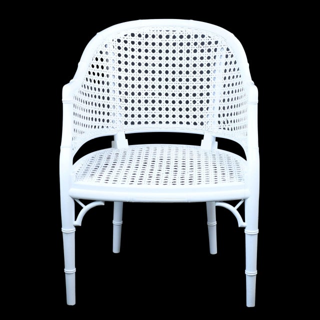 Faux Bamboo and Cane White Barrel Chair For Sale - Image 4 of 4