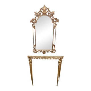 Italian Vintage Brass Console Table & Mirror W/Marble Top For Sale