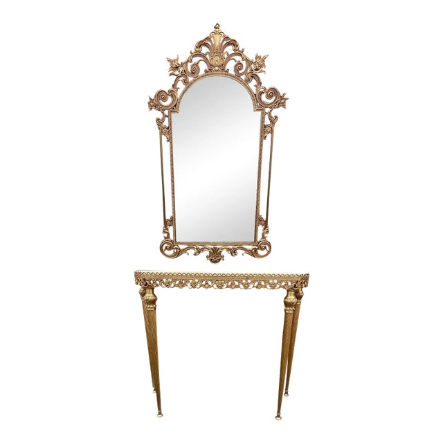 Italian Vintage Brass Console Table & Mirror W/Marble Top For Sale