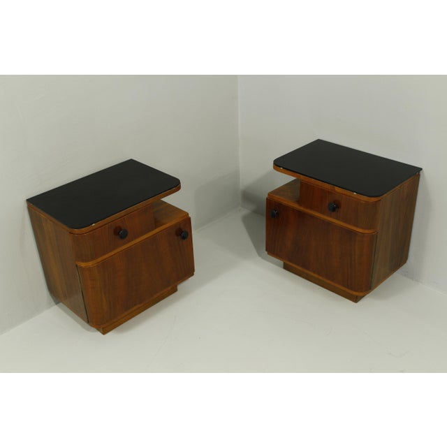 Mid-Century Nightstands with Walnut Veneer and Black Opal Glass Tops, 1960s, Set of 2 For Sale - Image 15 of 17