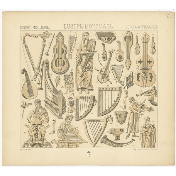Racinet, European Middle Ages Music Objects, 1880, Paper For Sale - Image 3 of 5