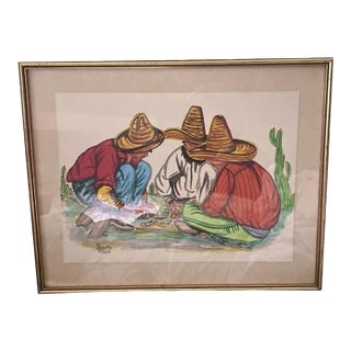 Mexican Art. Mexican Signed Framed Vibrant Wall Water Colour Print Decor For Sale
