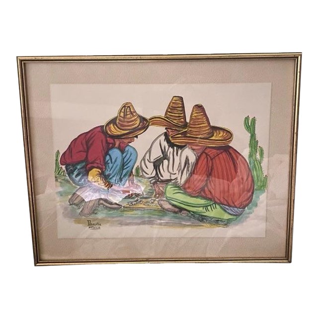 Mexican Art. Mexican Signed Framed Vibrant Wall Water Colour Print Decor For Sale